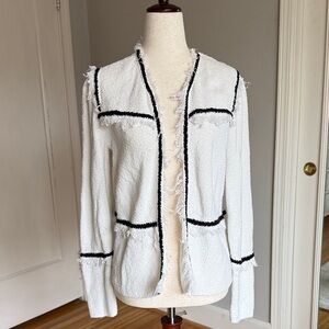 NIC+ZOE White Bouclé Open Front Cardigan with Black Trim